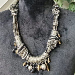 Women's Gray Multilayer Round Beaded Pearl Chunky Fashion Jewelry Necklace